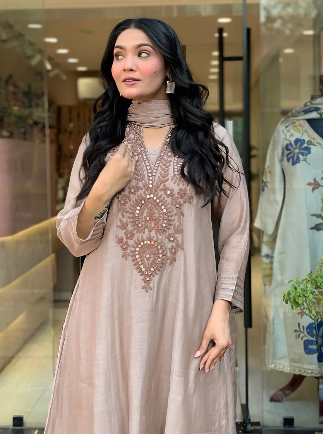 Premium Coffee Brown Roman Silk Kurta Set for Women