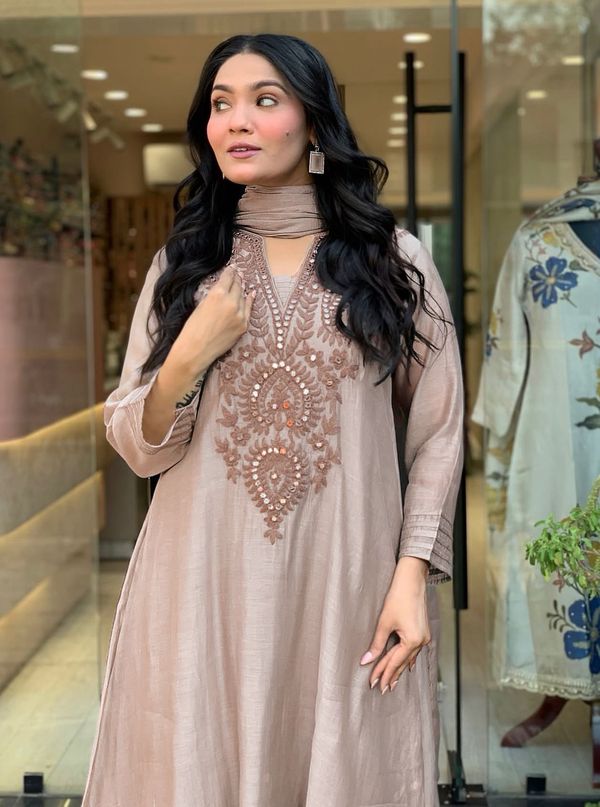 Premium Coffee Brown Roman Silk Kurta Set for Women