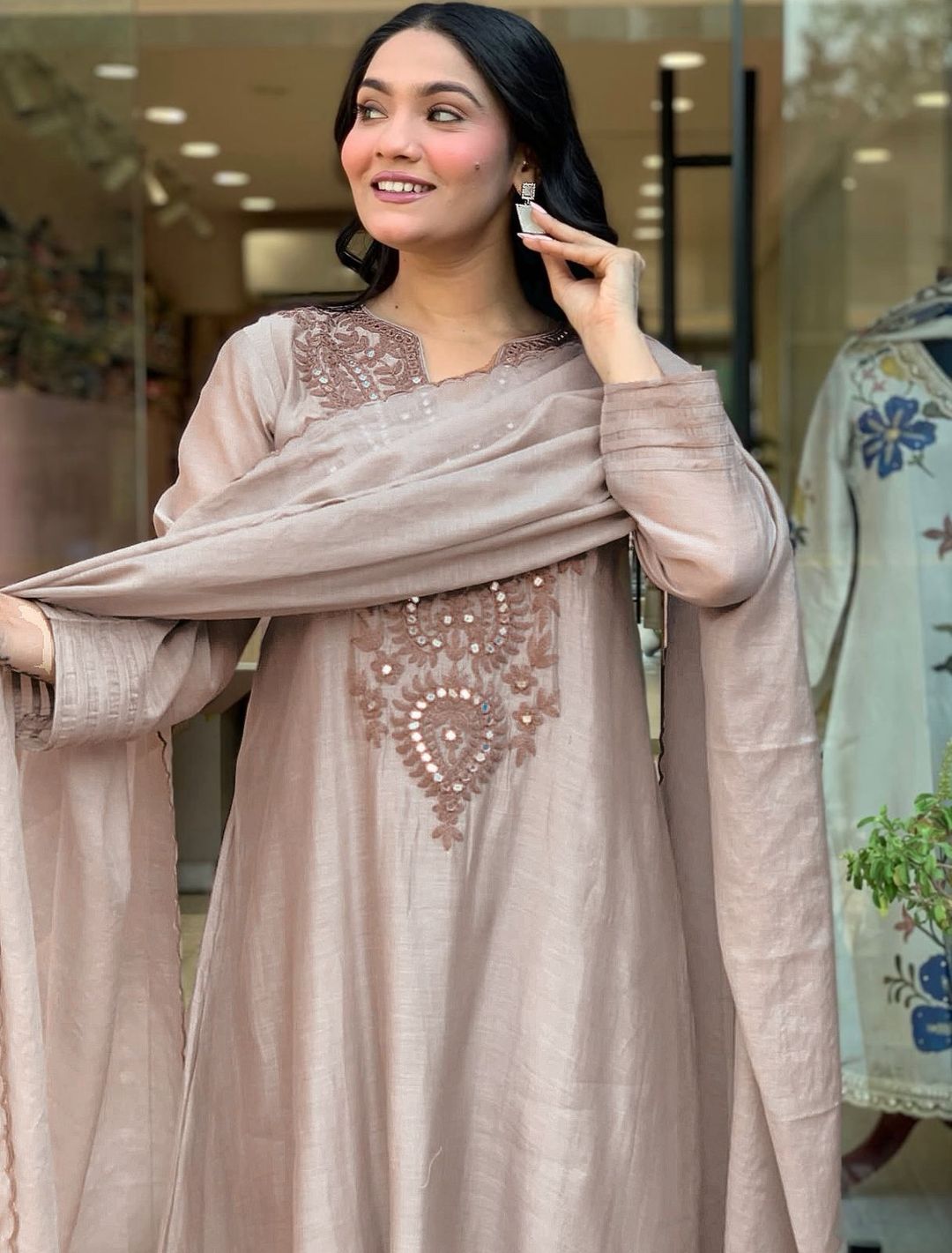 Premium Coffee Brown Roman Silk Kurta Set for Women