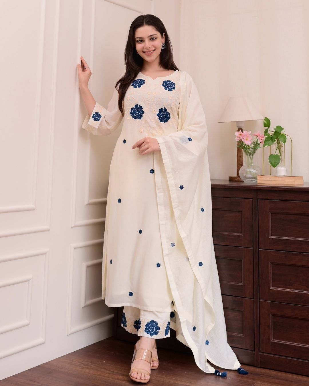 Designer Cream Straight Kurti Set with Dupatta