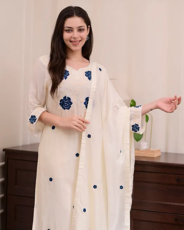 Designer Cream Straight Kurti Set with Dupatta