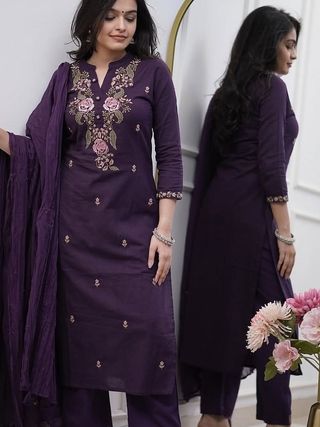 Wine Embroidered Viscose Kurti Set with Dupatta