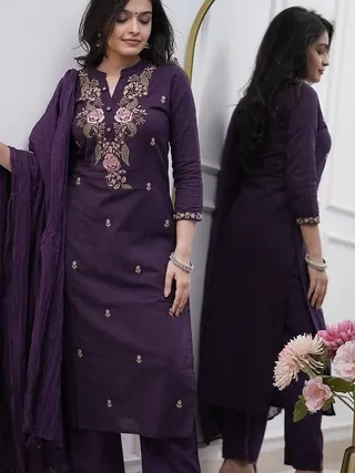 Wine Embroidered Viscose Kurti Set with Dupatta