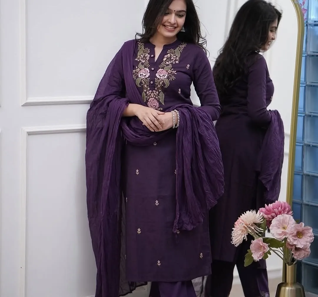 Wine Embroidered Viscose Kurti Set with Dupatta