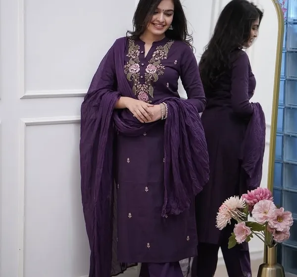 Wine Embroidered Viscose Kurti Set with Dupatta