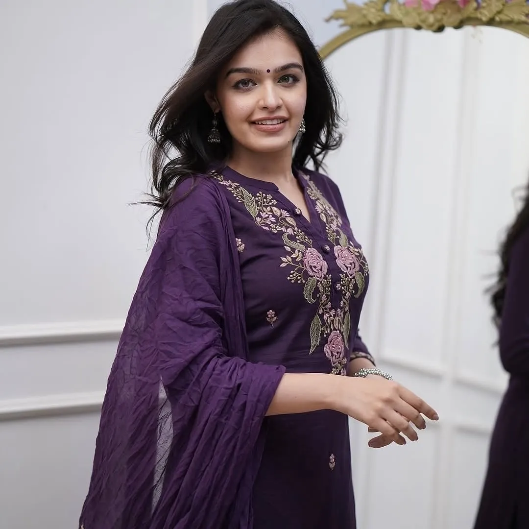 Wine Embroidered Viscose Kurti Set with Dupatta