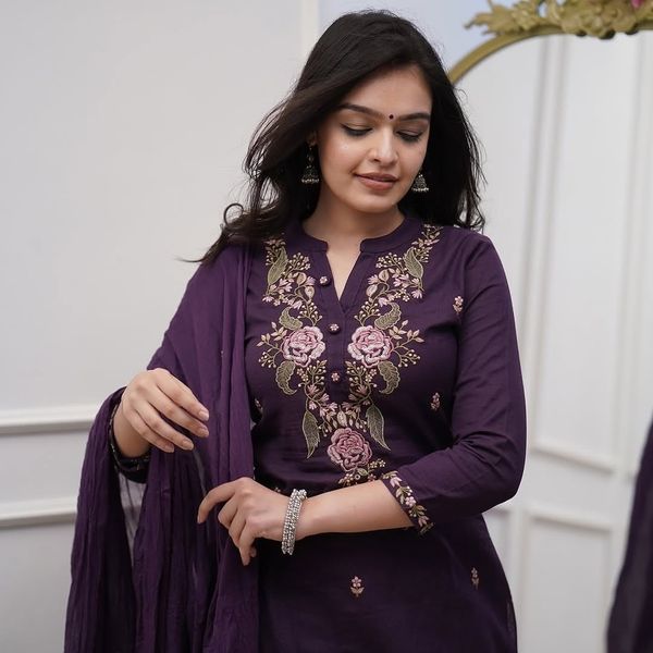 Wine Embroidered Viscose Kurti Set with Dupatta
