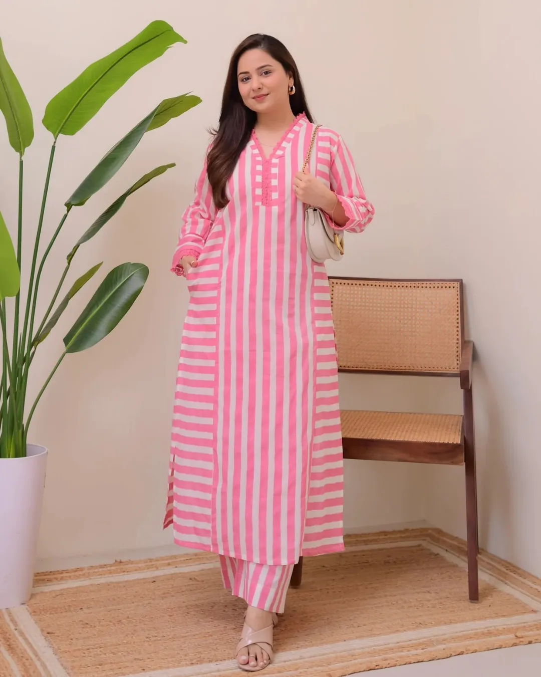 Elegant Pink Stripe Straight Kurta with Palazzo Set
