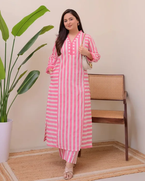 Elegant Pink Stripe Straight Kurta with Palazzo Set