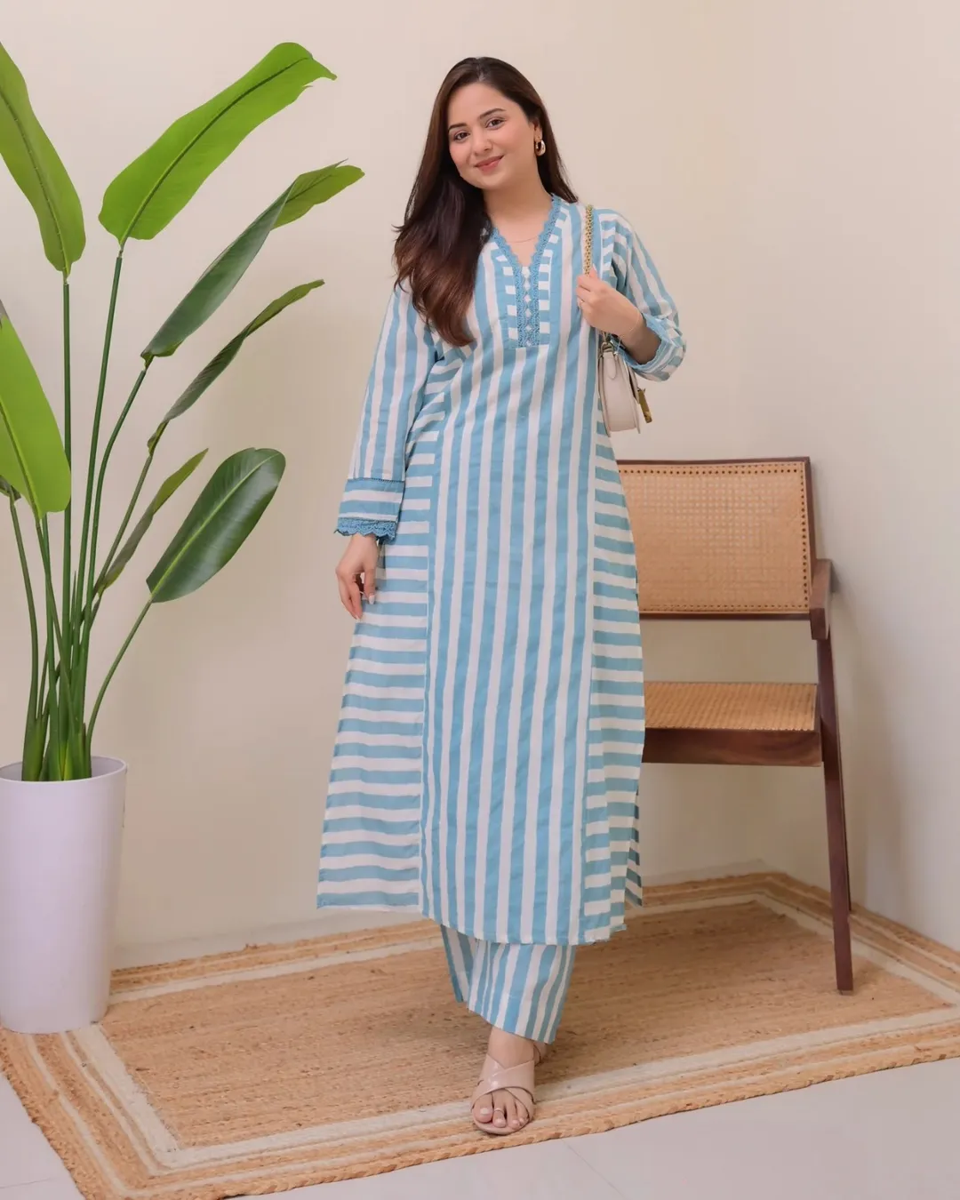Sky Blue Printed Rayon Kurta Set with Palazzo