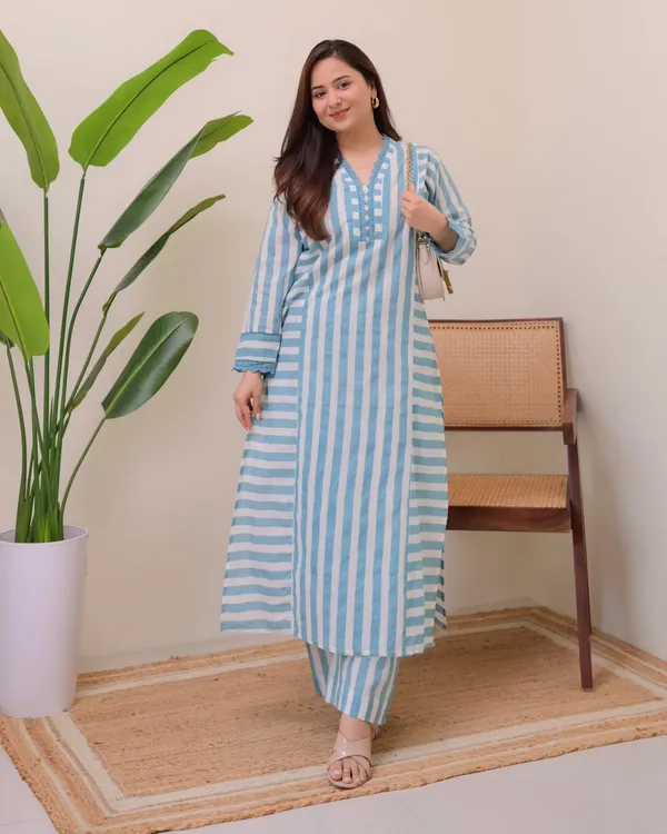 Sky Blue Printed Rayon Kurta Set with Palazzo