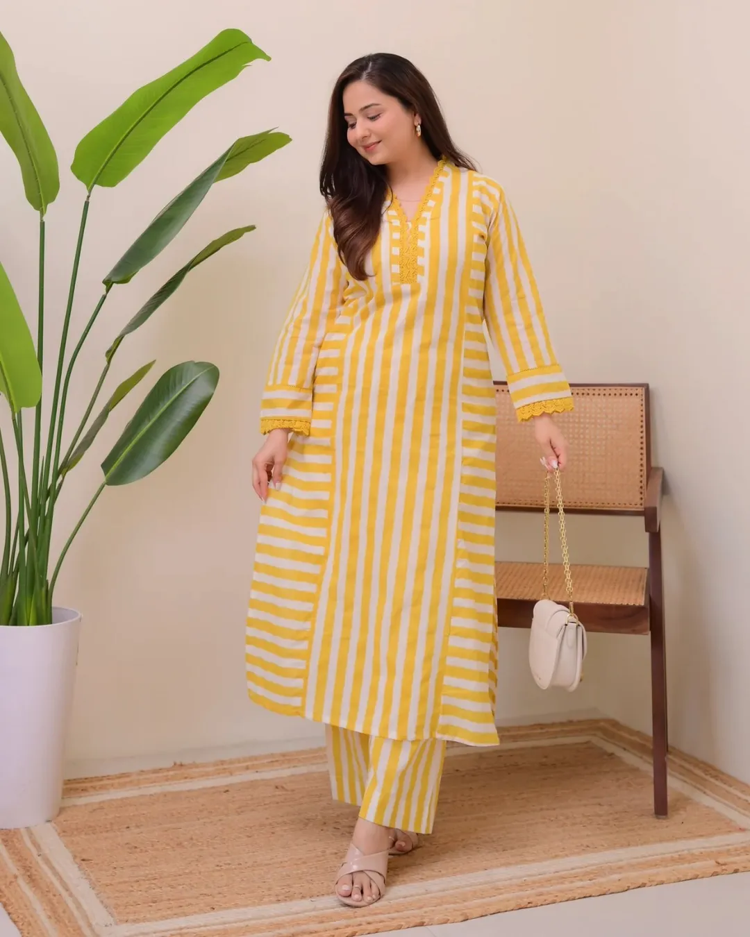 Mustard Yellow Striped Rayon Kurta Palazzo Set Women