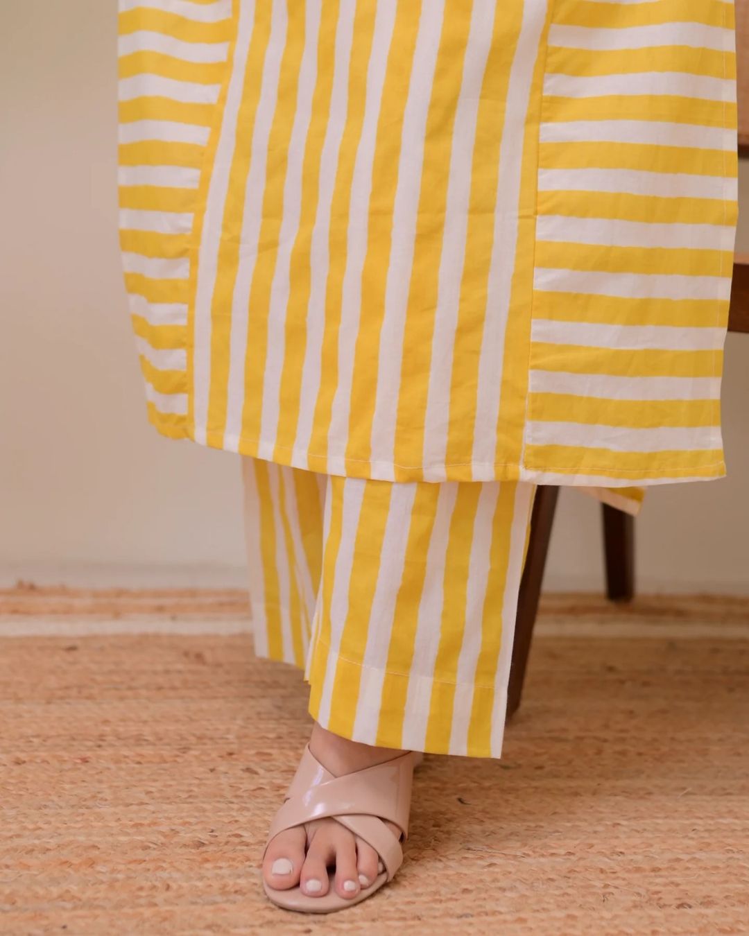 Mustard Yellow Striped Rayon Kurta Palazzo Set Women