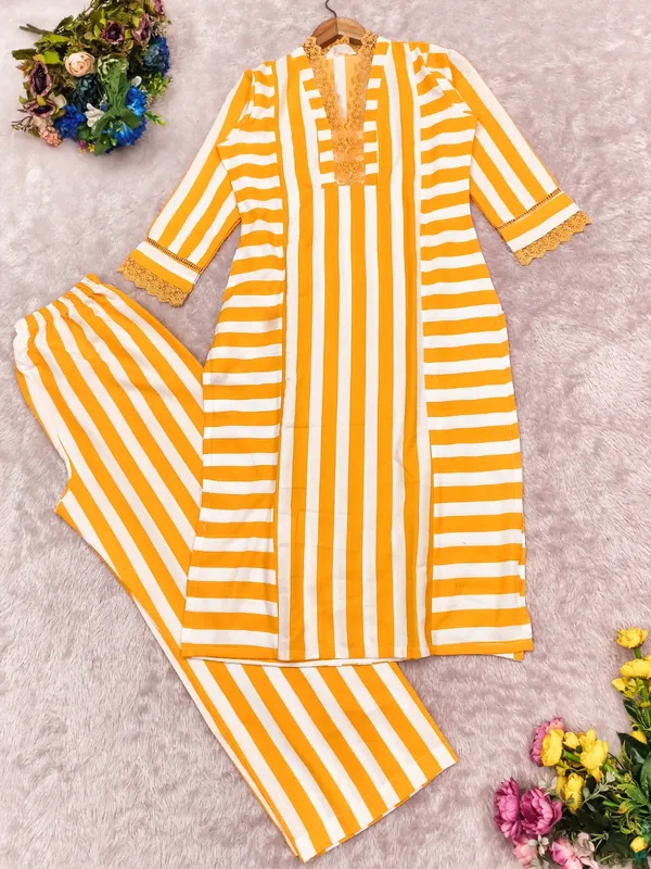 Mustard Yellow Striped Rayon Kurta Palazzo Set Women