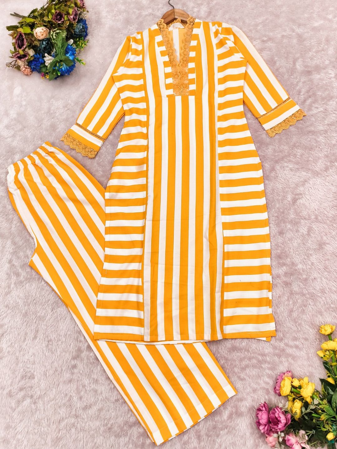Mustard Yellow Striped Rayon Kurta Palazzo Set Women