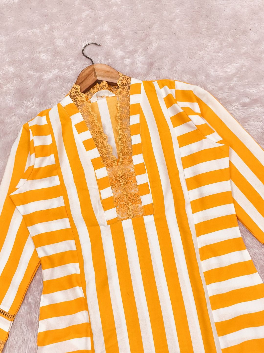 Mustard Yellow Striped Rayon Kurta Palazzo Set Women