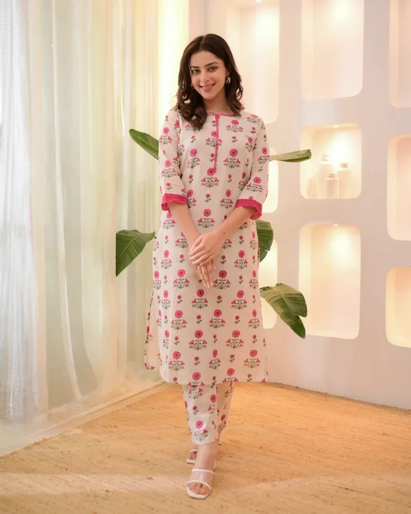 Floral Rayon Kurta Pant Set Cream Orange Online Varnavi