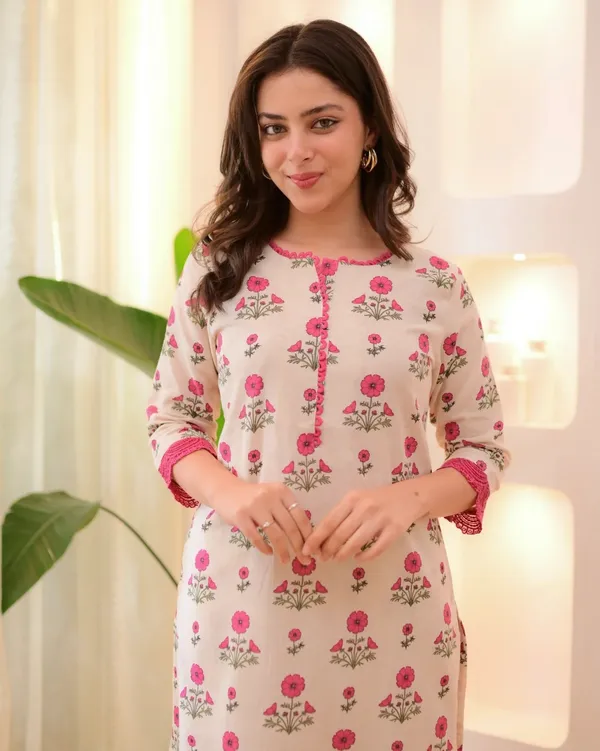 Floral Rayon Kurta Pant Set Cream Orange Online Varnavi