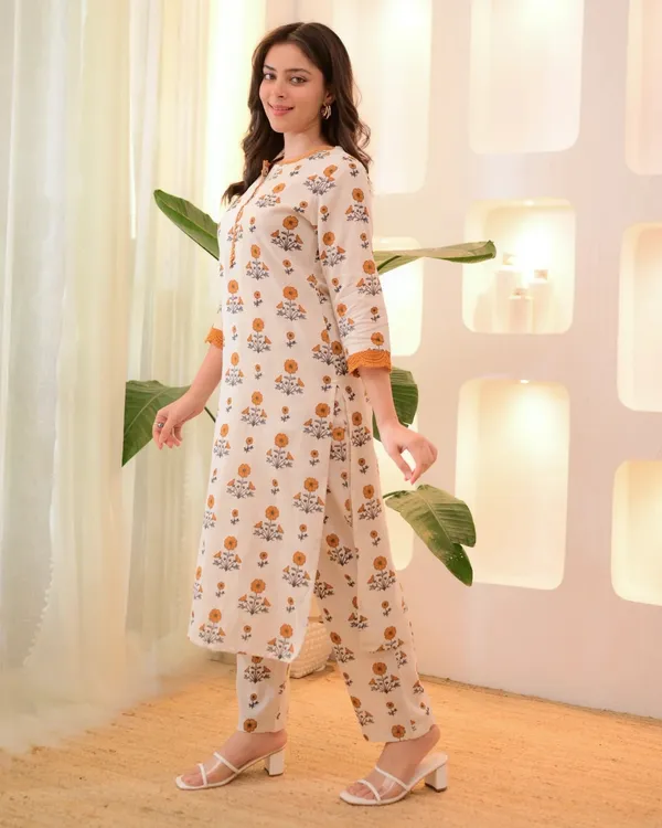 Floral Rayon Kurta Pant Set Cream Orange Online Varnavi