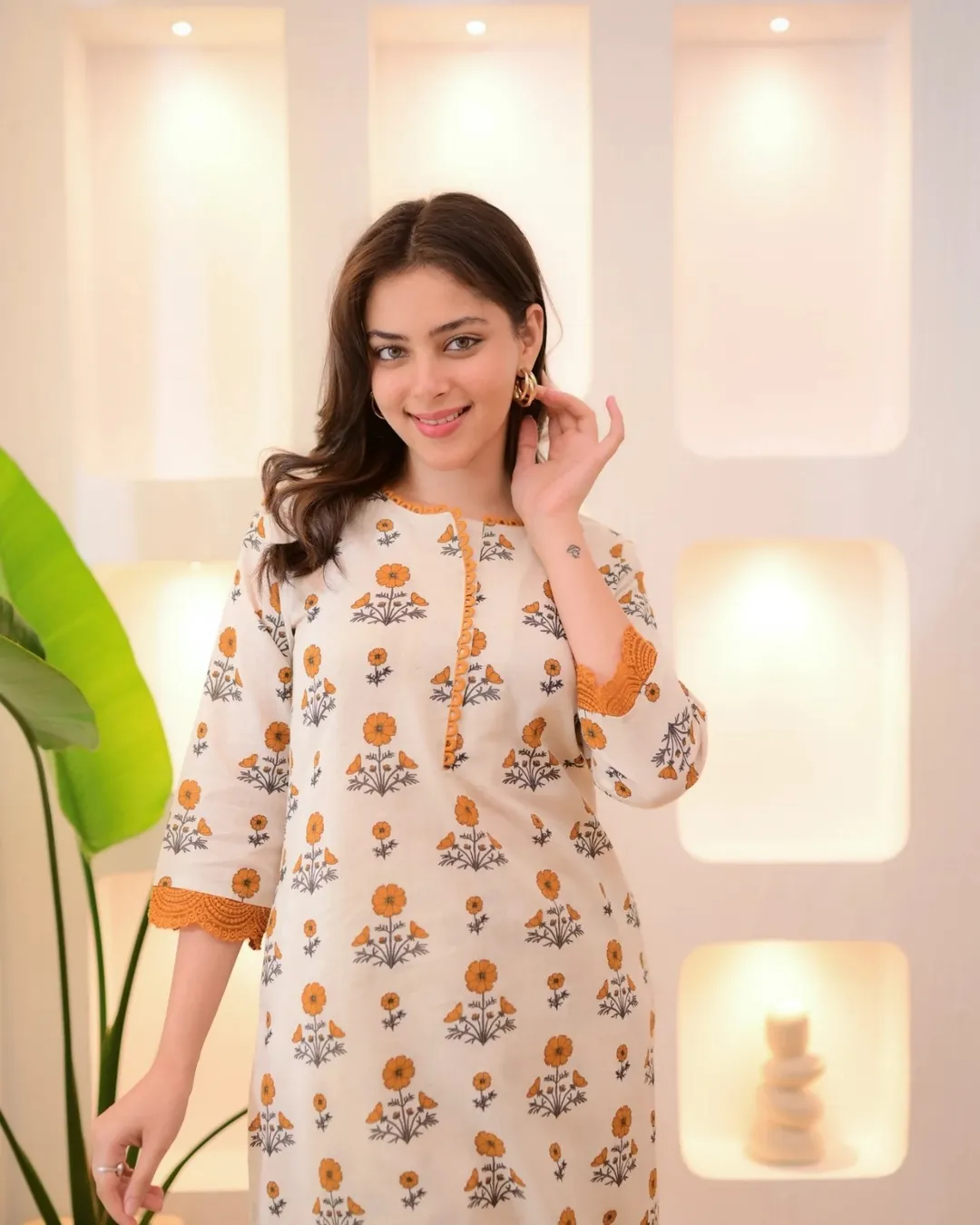 Floral Rayon Kurta Pant Set Cream Orange Online Varnavi