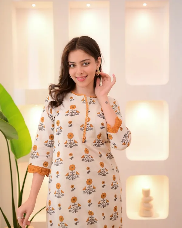 Floral Rayon Kurta Pant Set Cream Orange Online Varnavi