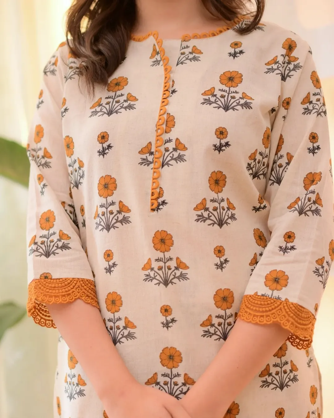 Floral Rayon Kurta Pant Set Cream Orange Online Varnavi