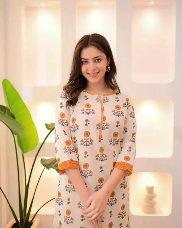 Floral Rayon Kurta Pant Set Cream Orange Online Varnavi