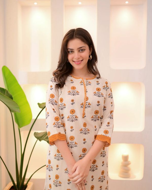Floral Rayon Kurta Pant Set Cream Orange Online Varnavi
