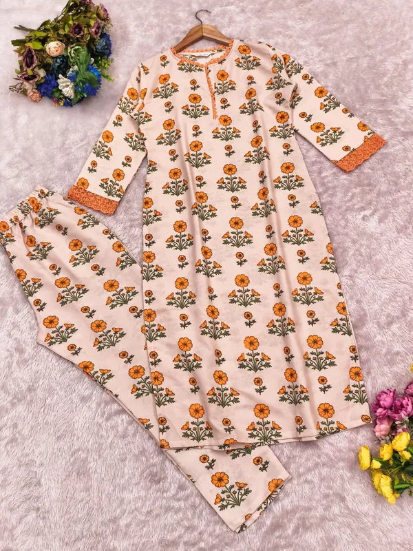 Floral Rayon Kurta Pant Set Cream Orange Online Varnavi