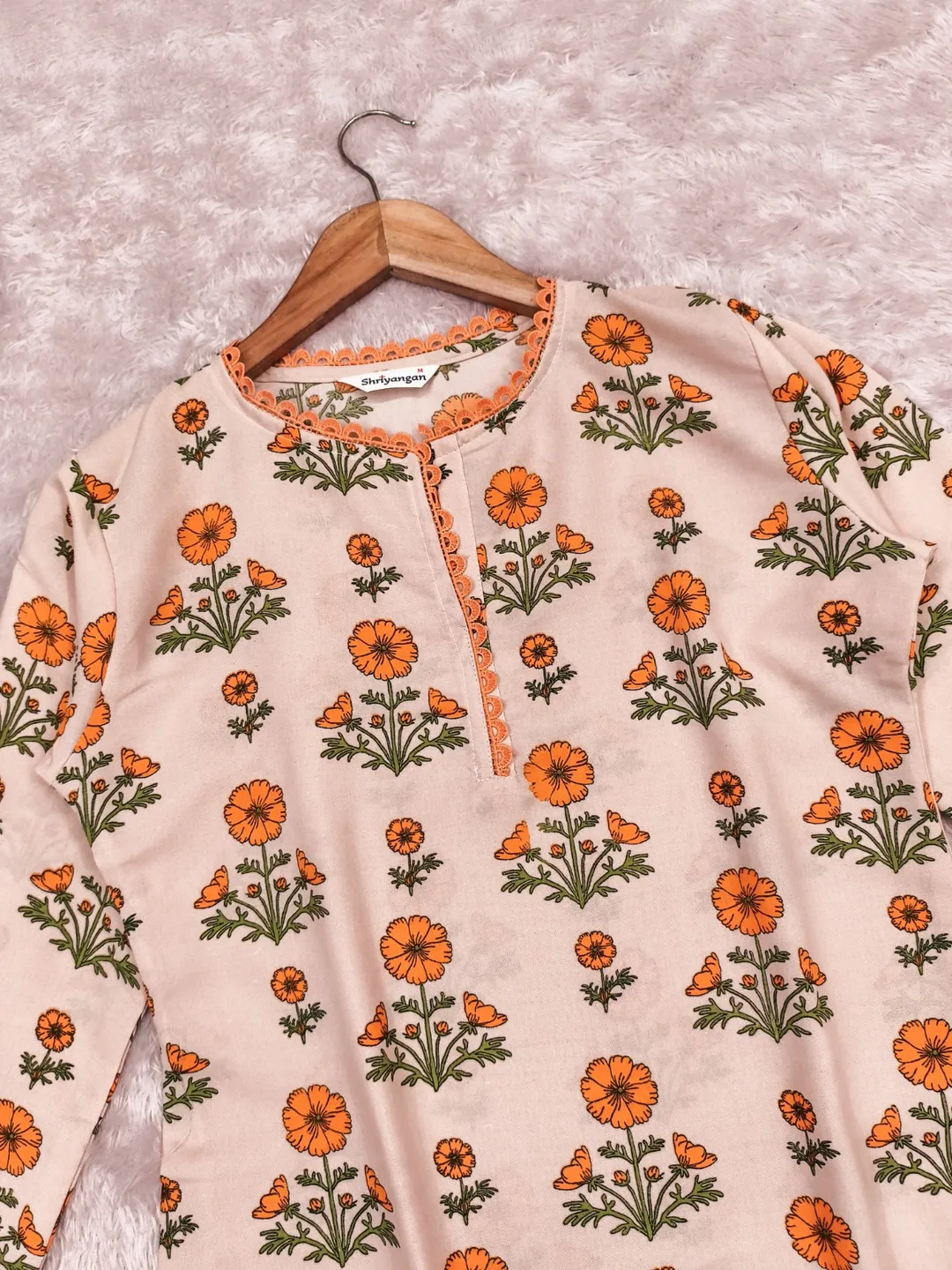 Floral Rayon Kurta Pant Set Cream Orange Online Varnavi