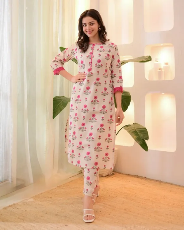 Floral Rayon Kurta Pant Set Cream Orange Online Varnavi