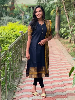 Royal Navy Blue Kanchi Cotton Kurta Set with Elegant Woven Dupatta