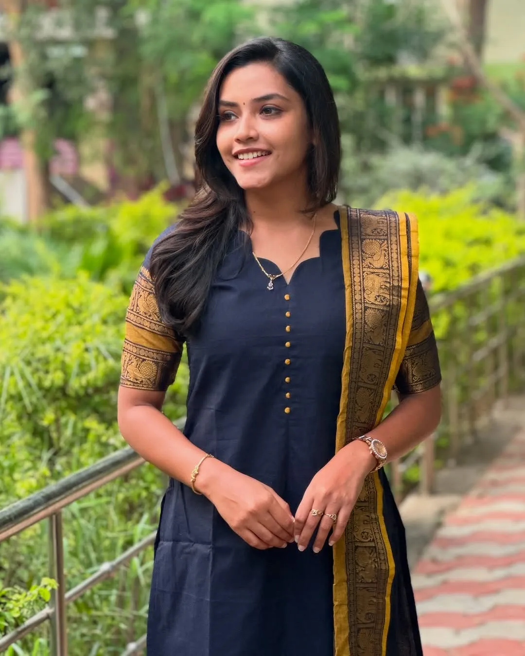 Royal Navy Blue Kanchi Cotton Kurta Set with Elegant Woven Dupatta