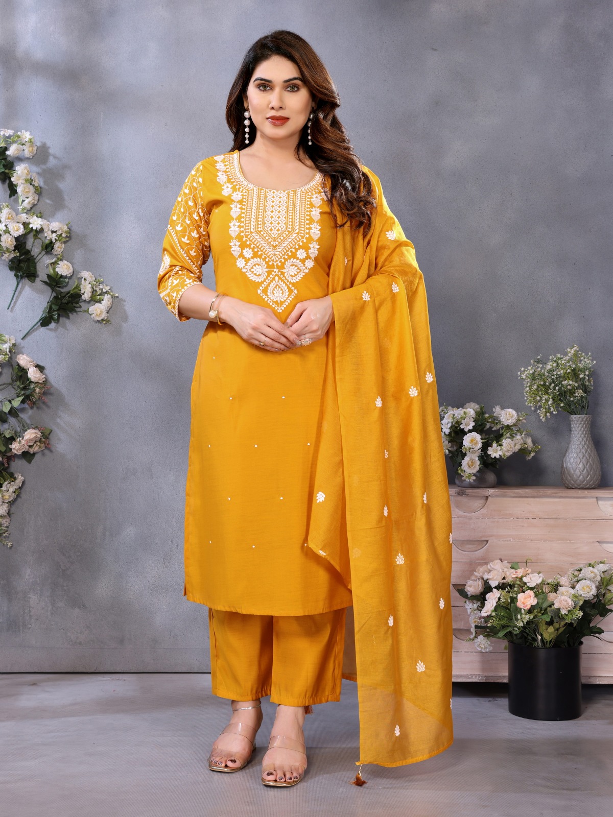 Mustard chanderi salwar suit with embroidery