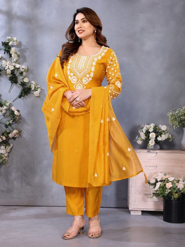 Elegant Mustard Chanderi Cotton Kurta Set with Embroidery