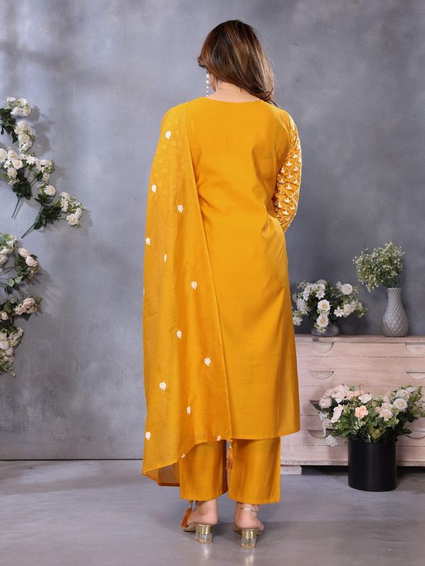 Elegant Mustard Chanderi Cotton Kurta Set with Embroidery