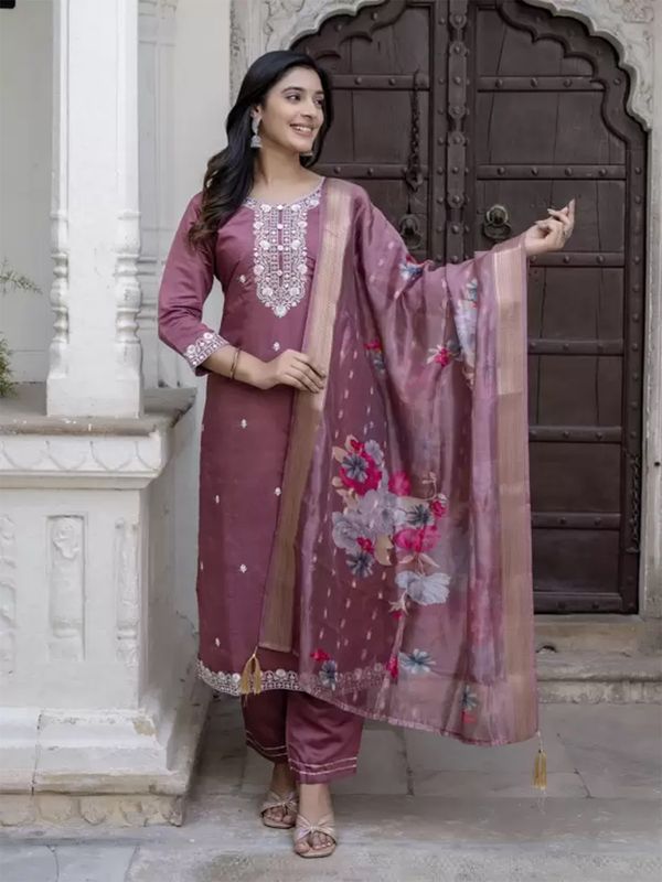 Rich Wine Chanderi Cotton Kurta Set with Elegant Jacquard Dupatta