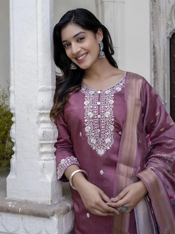 Rich Wine Chanderi Cotton Kurta Set with Elegant Jacquard Dupatta