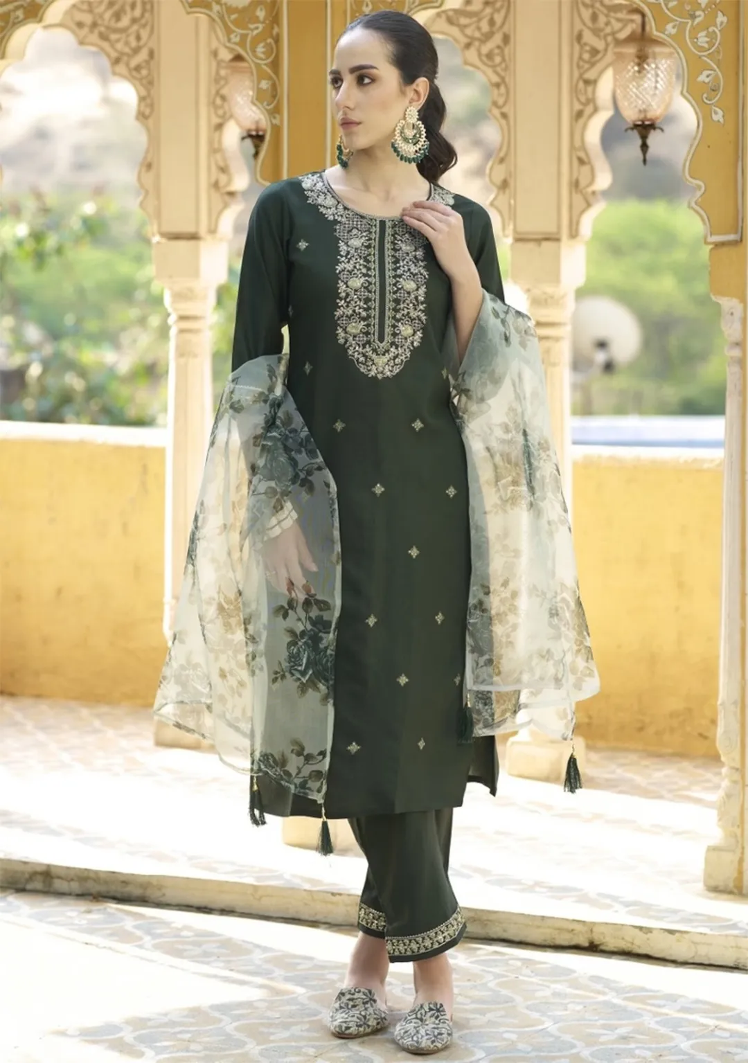 Royal Dark Green Chanderi Cotton Kurta Set with Elegant Organza Dupatta