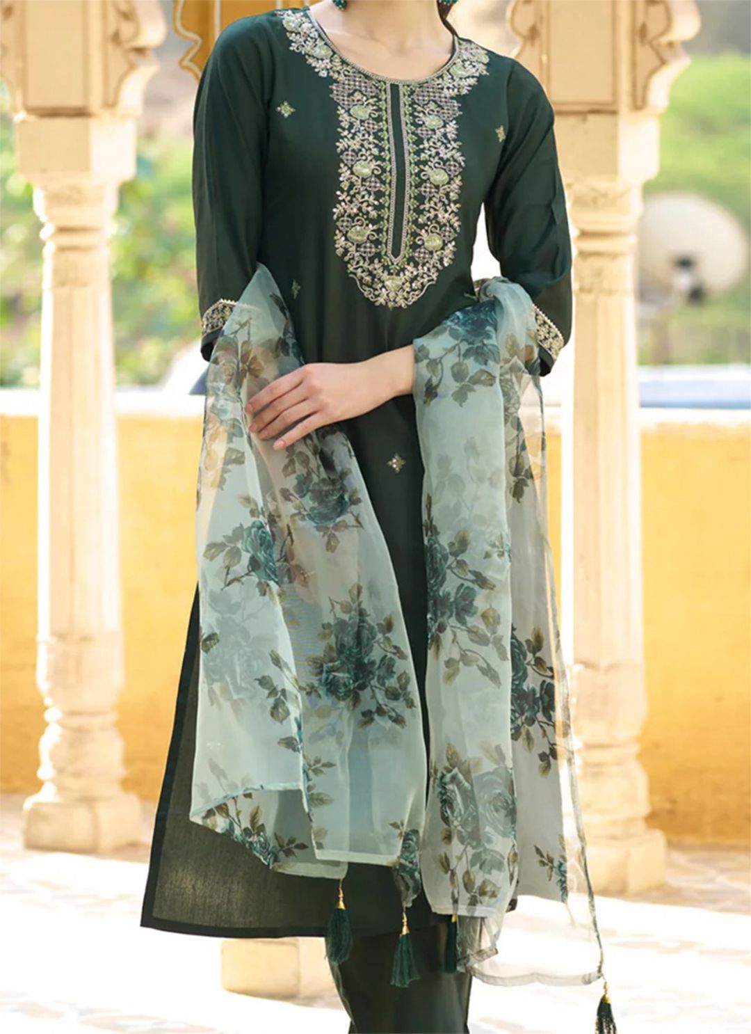 Royal Dark Green Chanderi Cotton Kurta Set with Elegant Organza Dupatta
