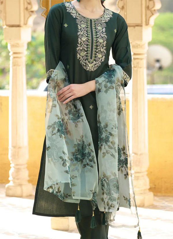 Royal Dark Green Chanderi Cotton Kurta Set with Elegant Organza Dupatta