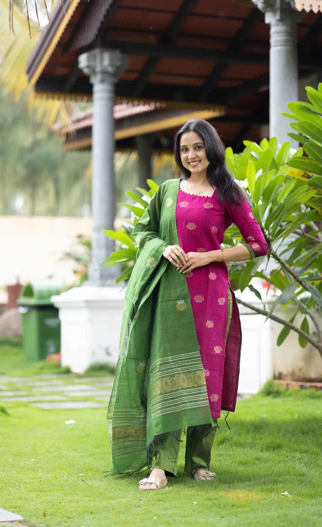 Elegant Pink and  Green Kanchi Cotton Kurta Set with Traditional Dupatta