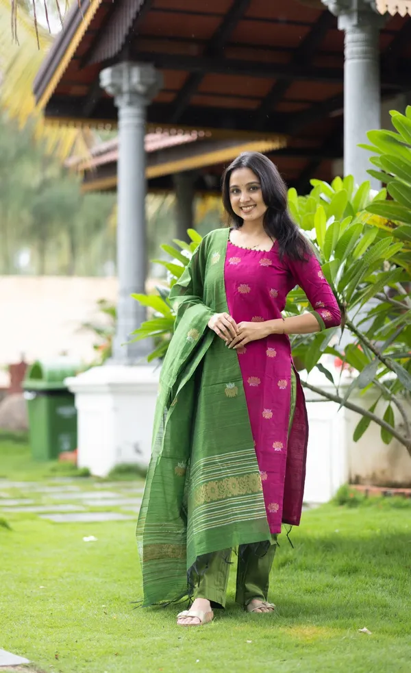 Elegant Pink and  Green Kanchi Cotton Kurta Set with Traditional Dupatta