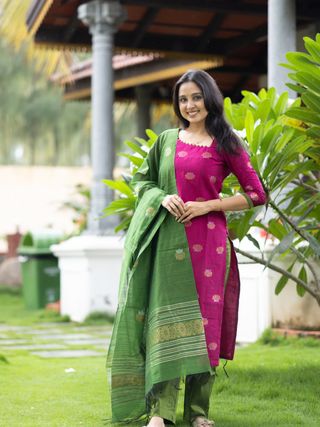 Elegant Pink and Green Kanchi Cotton Kurta Set with Traditional Dupatta