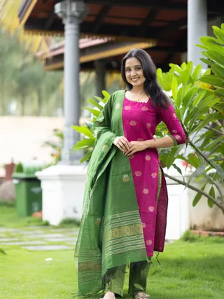 Elegant Pink and Green Kanchi Cotton Kurta Set with Traditional Dupatta