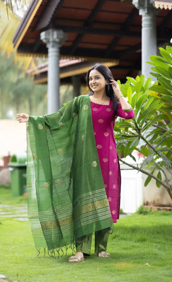 Elegant Pink and  Green Kanchi Cotton Kurta Set with Traditional Dupatta