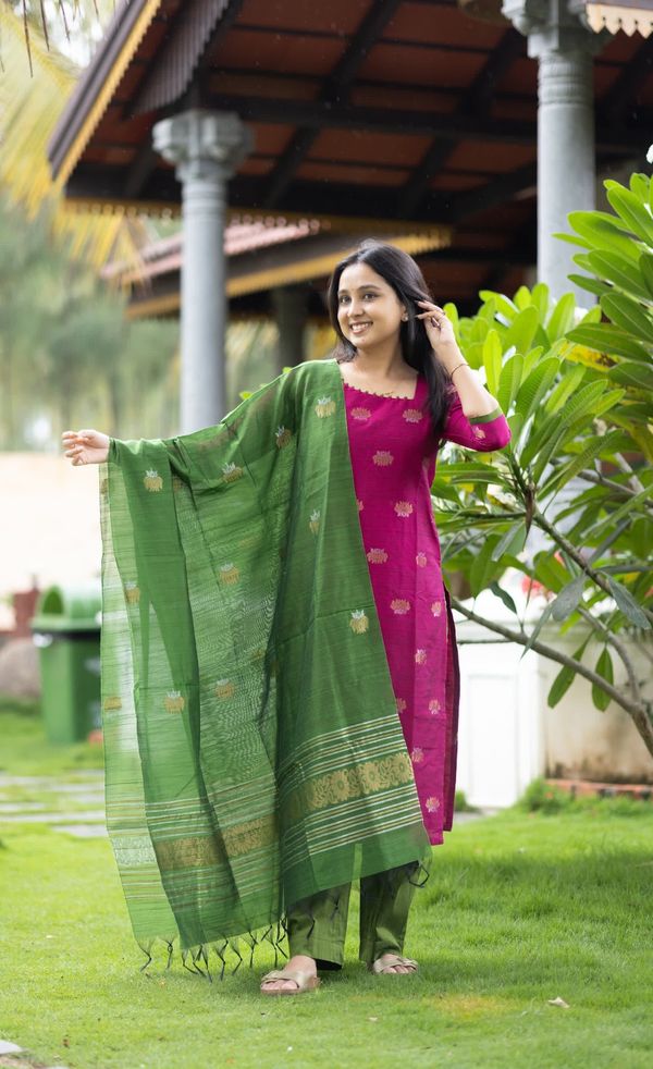 Elegant Pink and  Green Kanchi Cotton Kurta Set with Traditional Dupatta