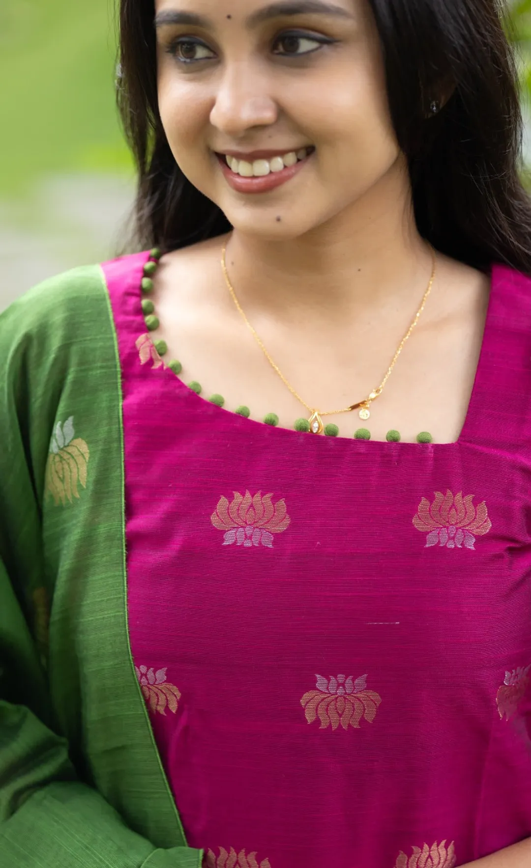 Elegant Pink and  Green Kanchi Cotton Kurta Set with Traditional Dupatta