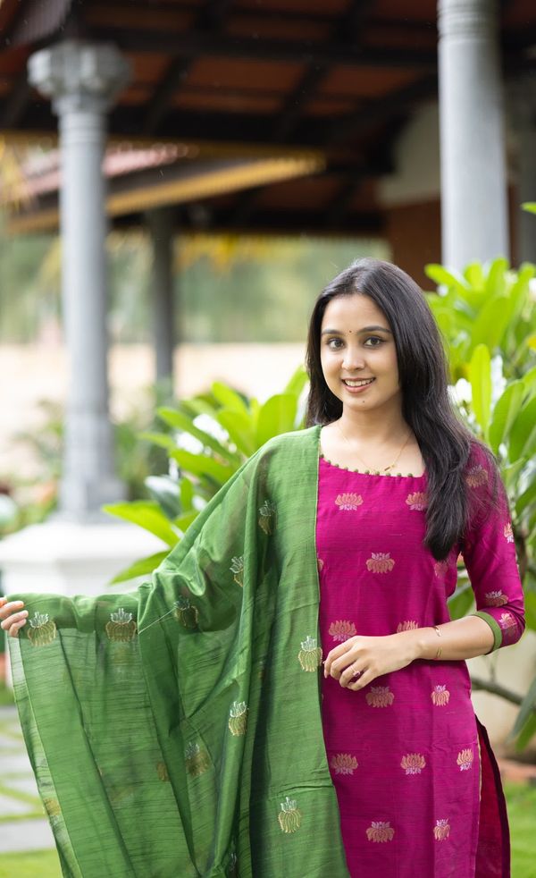 Elegant Pink and  Green Kanchi Cotton Kurta Set with Traditional Dupatta