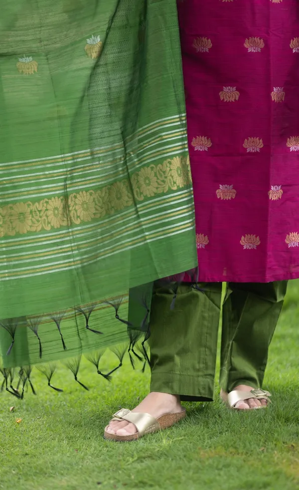 Elegant Pink and  Green Kanchi Cotton Kurta Set with Traditional Dupatta
